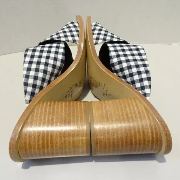 Rag &amp; Bone Blue White Gingham Paige Slide Block Heels Size 39 EU 8.5 US Open Toe