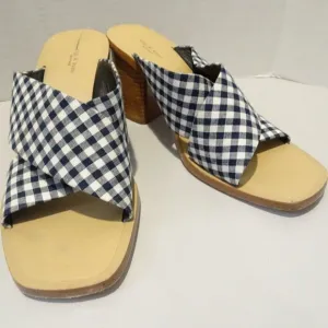 Rag &amp; Bone Blue White Gingham Paige Slide Block Heels Size 39 EU 8.5 US Open Toe