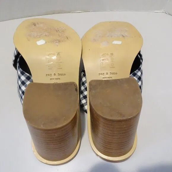 Rag &amp; Bone Blue White Gingham Paige Slide Block Heels Size 39 EU 8.5 US Open Toe