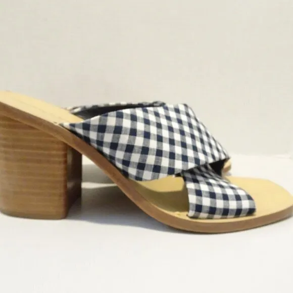 Rag &amp; Bone Blue White Gingham Paige Slide Block Heels Size 39 EU 8.5 US Open Toe