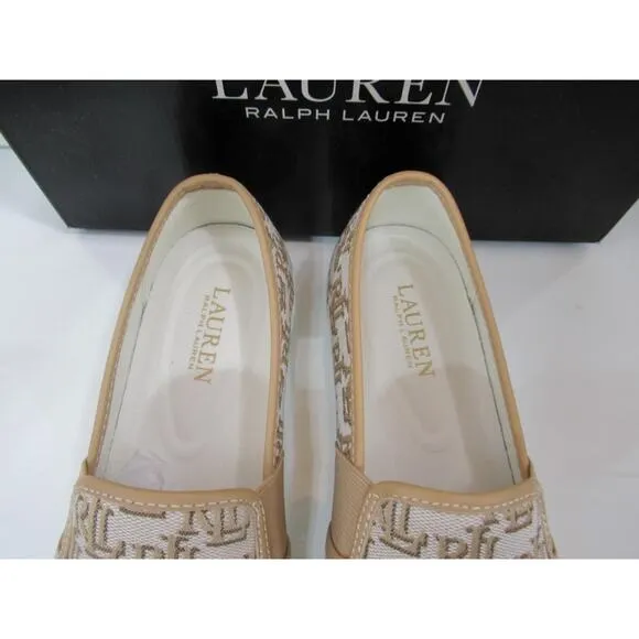 Ralph Lauren Jinny Monogram Jacquard Fashion Slip On Sneakers Khaki Size 7.5
