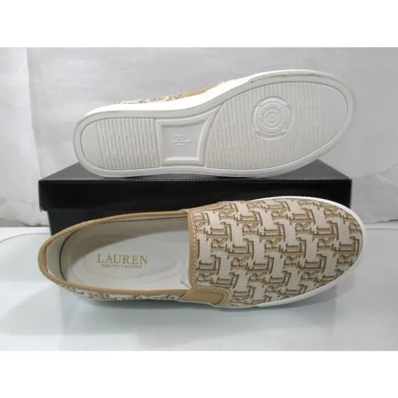 Ralph Lauren Jinny Monogram Jacquard Fashion Slip On Sneakers Khaki Size 7.5