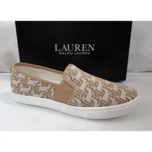 Ralph Lauren Jinny Monogram Jacquard Fashion Slip On Sneakers Khaki Size 7.5