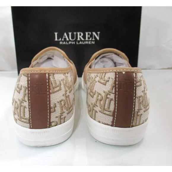 Ralph Lauren Jinny Monogram Jacquard Fashion Slip On Sneakers Khaki Size 7.5