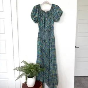 RAMY BROOK Harla Dress Blue Multicolor Pleated Boho Puff Sleeve Fairycore NWT S