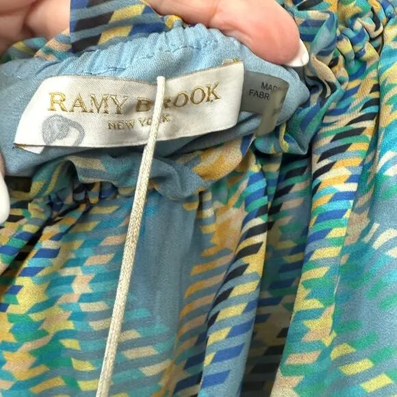 RAMY BROOK Harla Dress Blue Multicolor Pleated Boho Puff Sleeve Fairycore NWT S