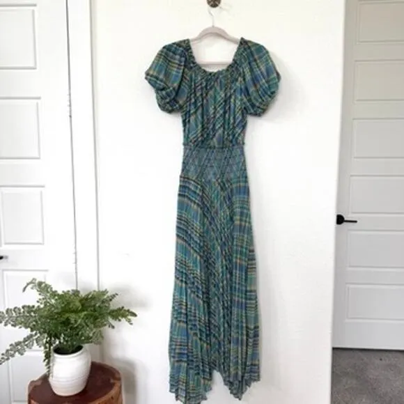 RAMY BROOK Harla Dress Blue Multicolor Pleated Boho Puff Sleeve Fairycore NWT S