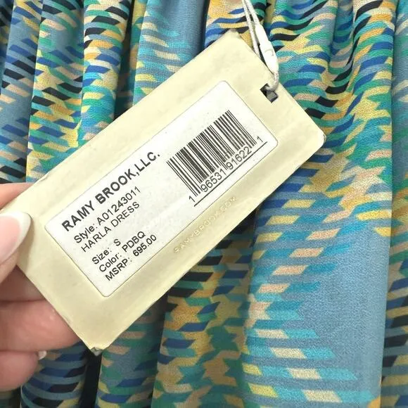 RAMY BROOK Harla Dress Blue Multicolor Pleated Boho Puff Sleeve Fairycore NWT S