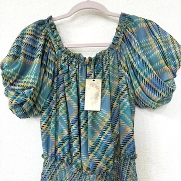RAMY BROOK Harla Dress Blue Multicolor Pleated Boho Puff Sleeve Fairycore NWT S
