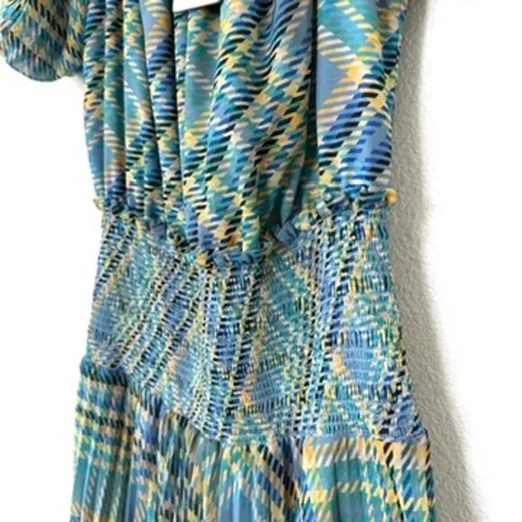 RAMY BROOK Harla Dress Blue Multicolor Pleated Boho Puff Sleeve Fairycore NWT S