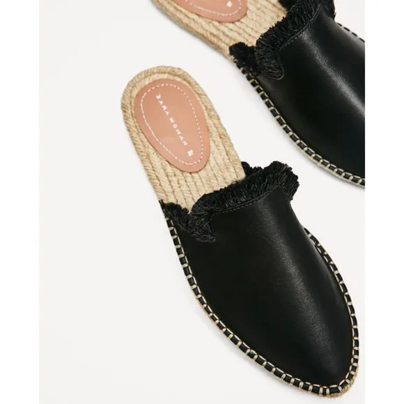 Rare! 🎉HP🎉 Zara Black Leather Espadrille Mule Slides 36 6