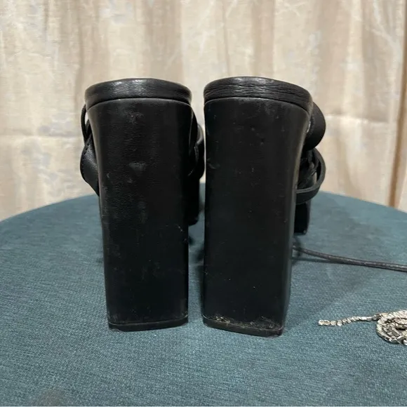RAYE | Chunky Black Ankle Wrap Block Heels Size: 7