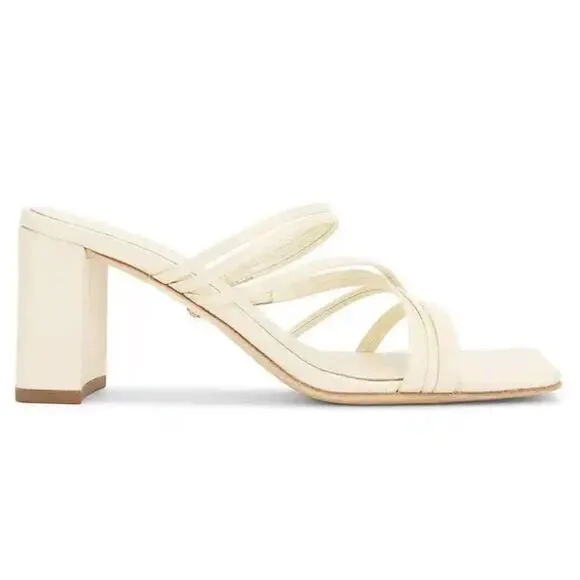 RAYE Lia Leather Mules Heels in Cream 9.5 Womens Slides square toe