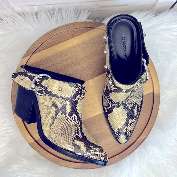 REBECCA MINKOFF l  Harness Silver Studs Snake Bootie Slip-On Mule Clogs