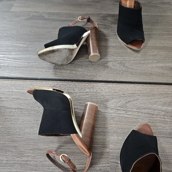 Rebecca Minkoff Ragini Black Gold Open-Toe Heels, Size 9