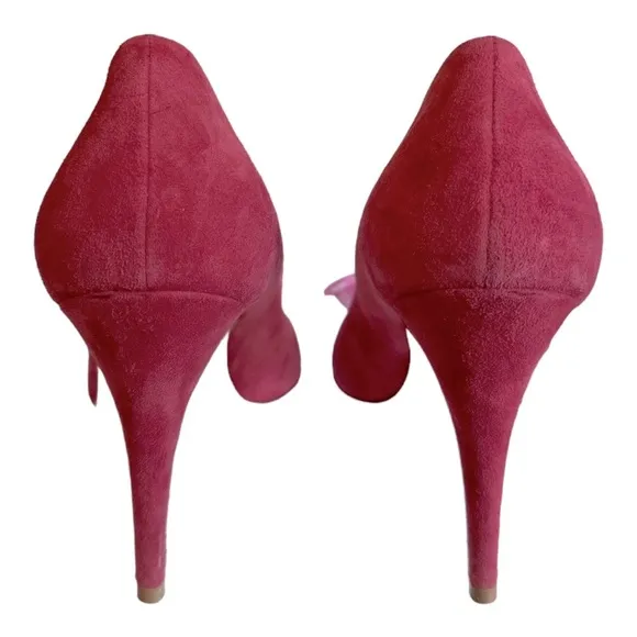 {RED} VALENTINO Pink Suede Open Toe Heels Pumps with Sheer Bow