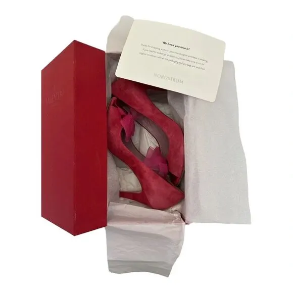 {RED} VALENTINO Pink Suede Open Toe Heels Pumps with Sheer Bow