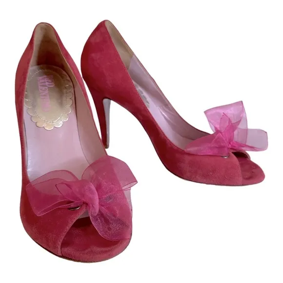 {RED} VALENTINO Pink Suede Open Toe Heels Pumps with Sheer Bow