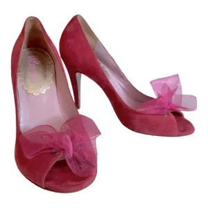 {RED} VALENTINO Pink Suede Open Toe Heels Pumps with Sheer Bow