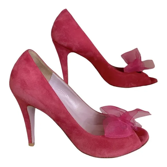 {RED} VALENTINO Pink Suede Open Toe Heels Pumps with Sheer Bow