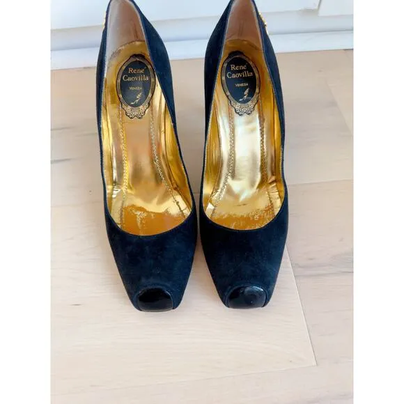 Rene' Caovilla Suede Pumps Black Womens Size 38.5/ 8US Square Toe Patent Sexy