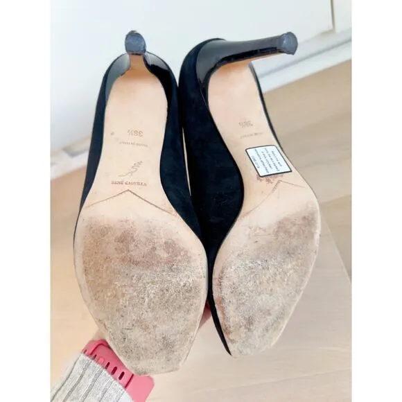 Rene' Caovilla Suede Pumps Black Womens Size 38.5/ 8US Square Toe Patent Sexy