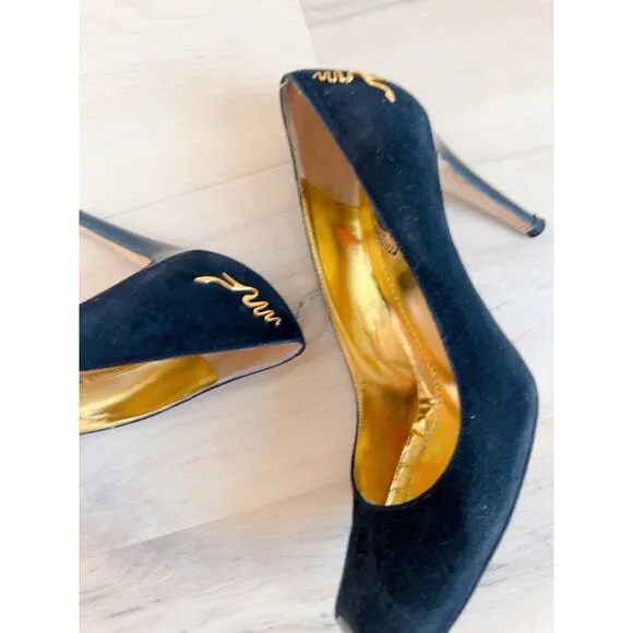 Rene' Caovilla Suede Pumps Black Womens Size 38.5/ 8US Square Toe Patent Sexy