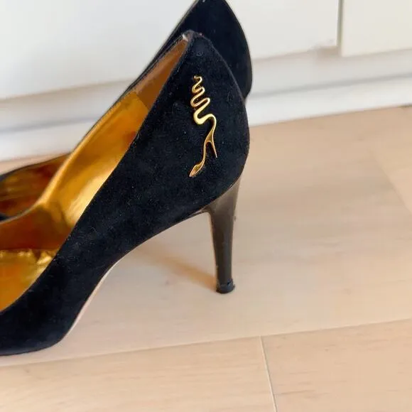 Rene' Caovilla Suede Pumps Black Womens Size 38.5/ 8US Square Toe Patent Sexy