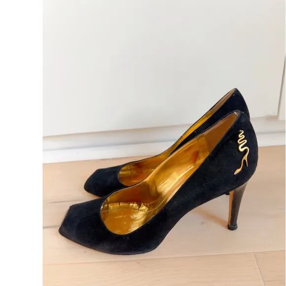 Rene' Caovilla Suede Pumps Black Womens Size 38.5/ 8US Square Toe Patent Sexy