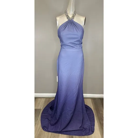 Rene Ruiz Embellished Halter Ombré Chiffon Gown Periwinkle Size US4 $995