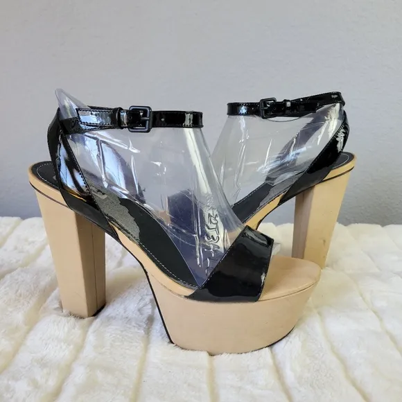 REPORT SIGNATURE // black patent leather upper platform ankle strap block heels