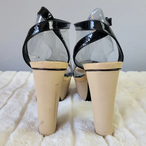 REPORT SIGNATURE // black patent leather upper platform ankle strap block heels