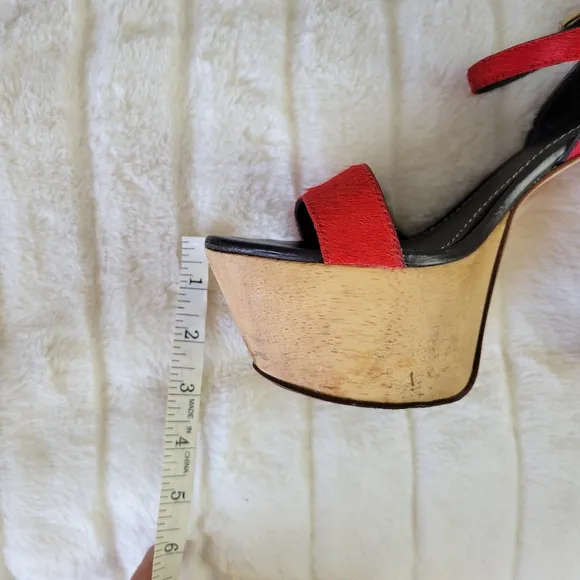 REPORT SIGNATURE // red calf hair upper wooden platform ankle strap block heels