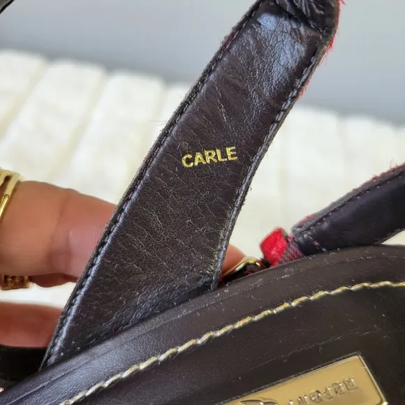REPORT SIGNATURE // red calf hair upper wooden platform ankle strap block heels