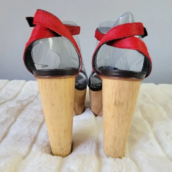 REPORT SIGNATURE // red calf hair upper wooden platform ankle strap block heels