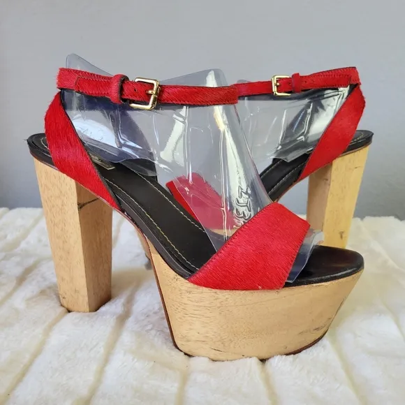 REPORT SIGNATURE // red calf hair upper wooden platform ankle strap block heels