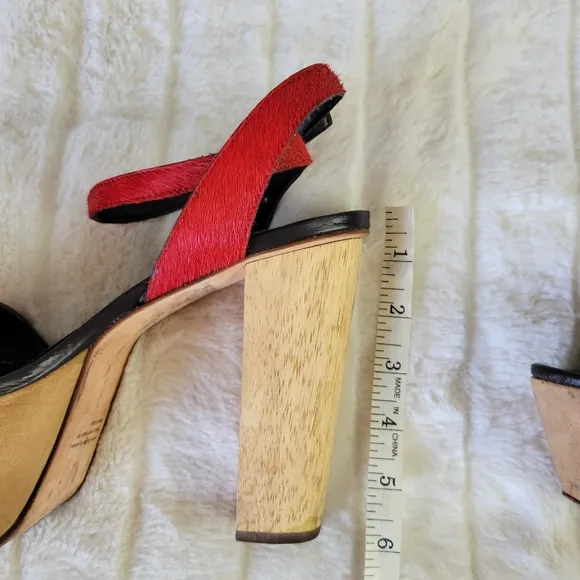 REPORT SIGNATURE // red calf hair upper wooden platform ankle strap block heels