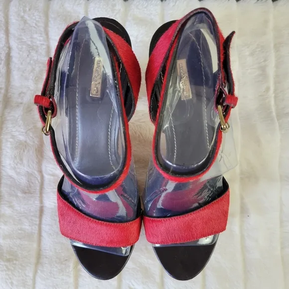 REPORT SIGNATURE // red calf hair upper wooden platform ankle strap block heels