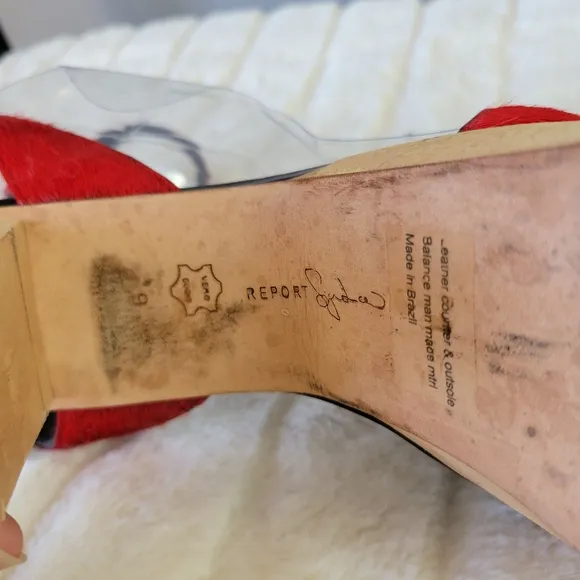 REPORT SIGNATURE // red calf hair upper wooden platform ankle strap block heels
