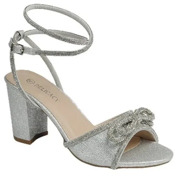 Rhinestone Embellished Bow Lace-Up Block Heels - Delicacy