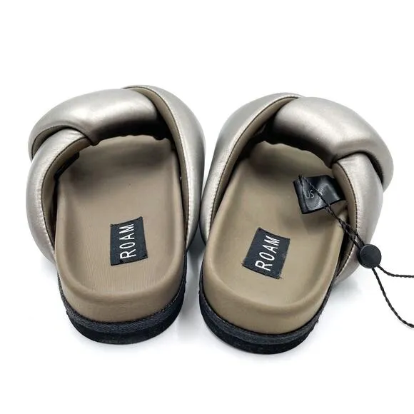 Roam Foldy Puffy Slides Sandals Gunmetal Gray Padded Wide Cross Strap Sz 6