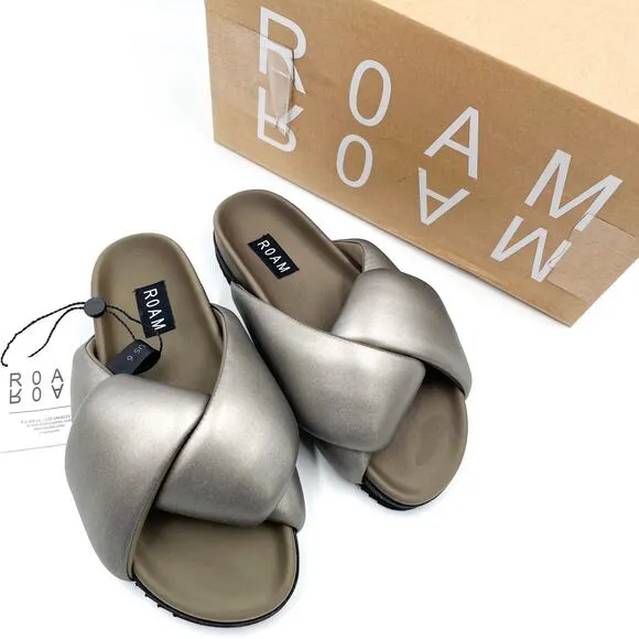 Roam Foldy Puffy Slides Sandals Gunmetal Gray Padded Wide Cross Strap Sz 6