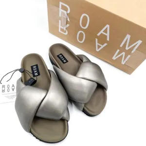 Roam Foldy Puffy Slides Sandals Gunmetal Gray Padded Wide Cross Strap Sz 6