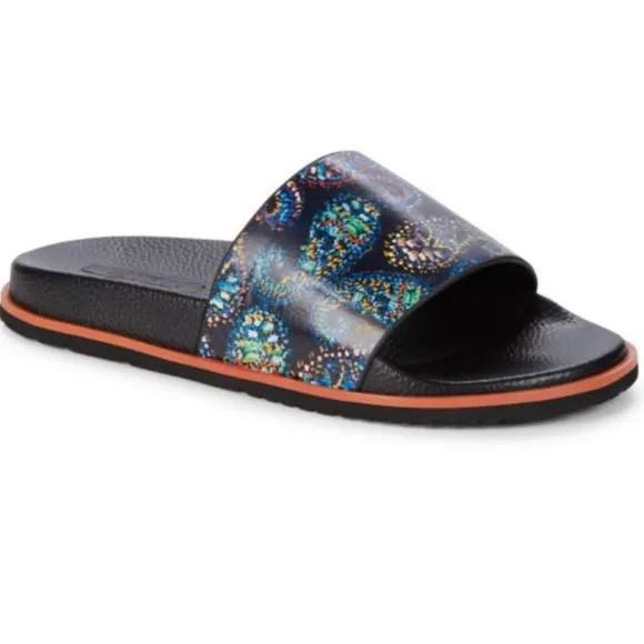 ROBERT GRAHAM Swan Paisley-Print Leather Slides Size 10 NWOT
