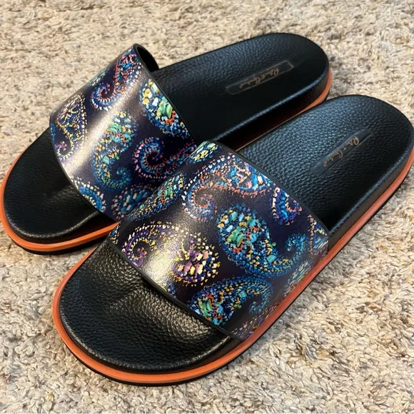 ROBERT GRAHAM Swan Paisley-Print Leather Slides Size 10 NWOT