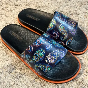 ROBERT GRAHAM Swan Paisley-Print Leather Slides Size 10 NWOT