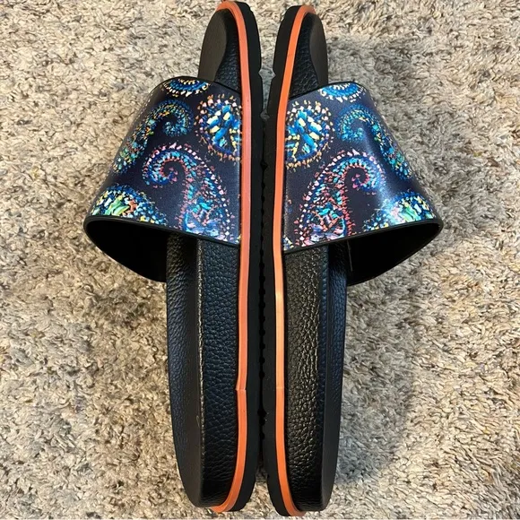 ROBERT GRAHAM Swan Paisley-Print Leather Slides Size 10 NWOT