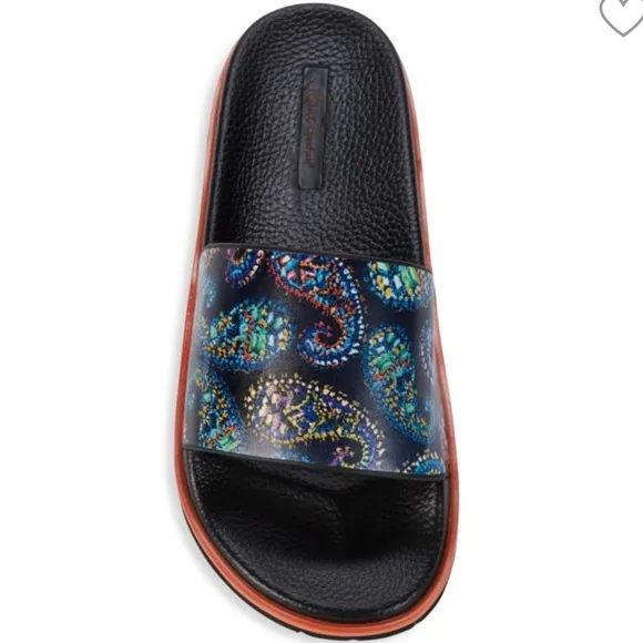 ROBERT GRAHAM Swan Paisley-Print Leather Slides Size 10 NWOT
