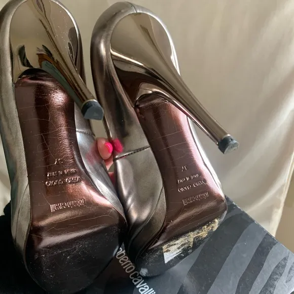 Roberto Cavalli metallic peep toe stiletto heels