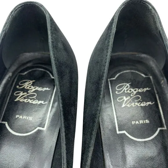 Roger Vivier Square Toe Block Heel Suede Pumps Black Size 39.5 US 9